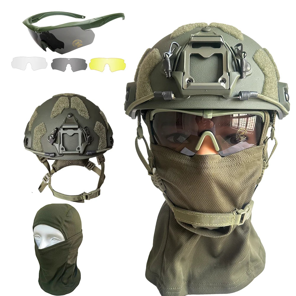 Military Tactical Helmet Set - Multi-Lens Goggles & Full Face Mask, Riot Airsoft CS Protective Gear for Outdoor Sports