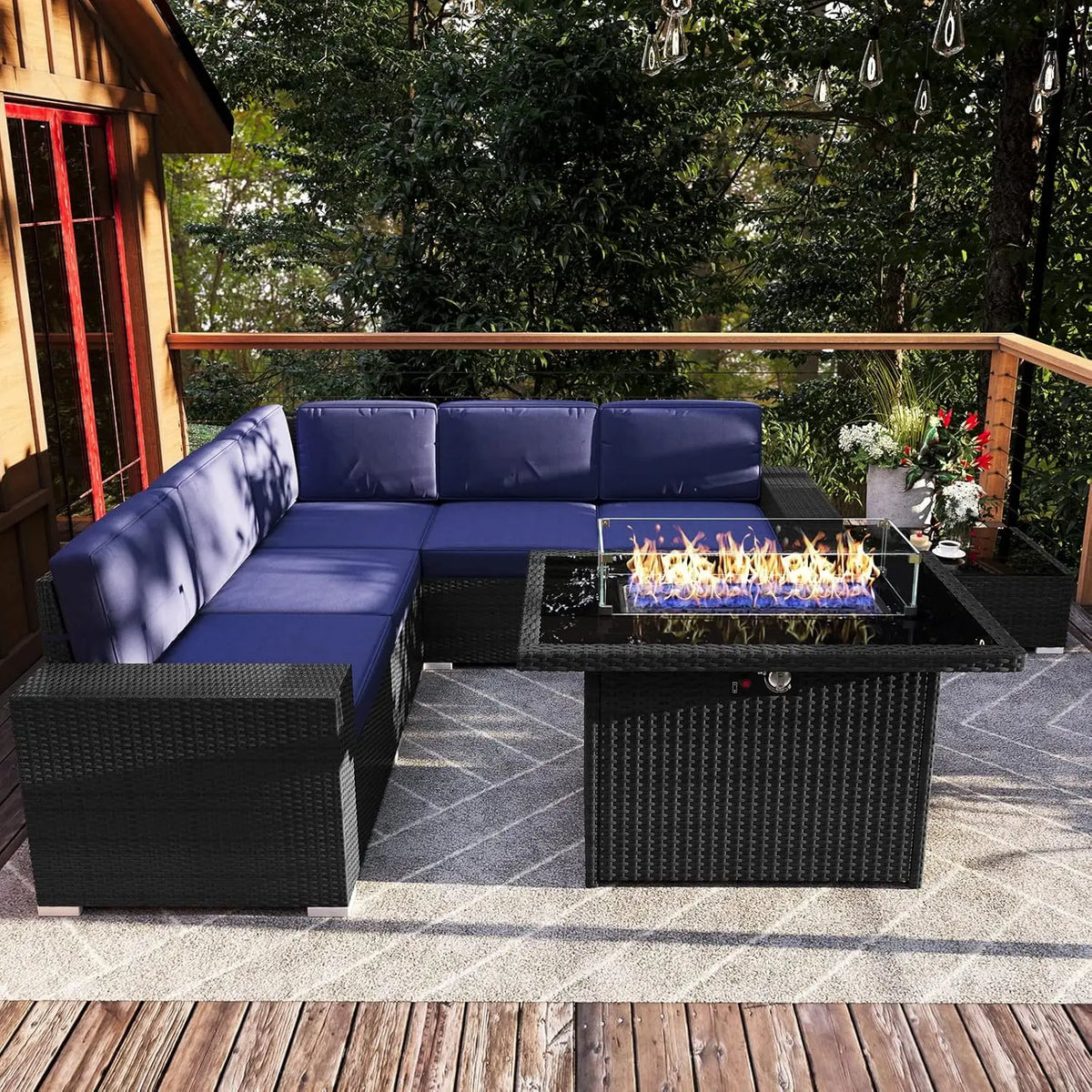 7 Pieces Patio Furniture Set with 44" Propane Gas Fire Pit Table, Outdoor Sectional Wicker Conversation Sofa Sets, Customized