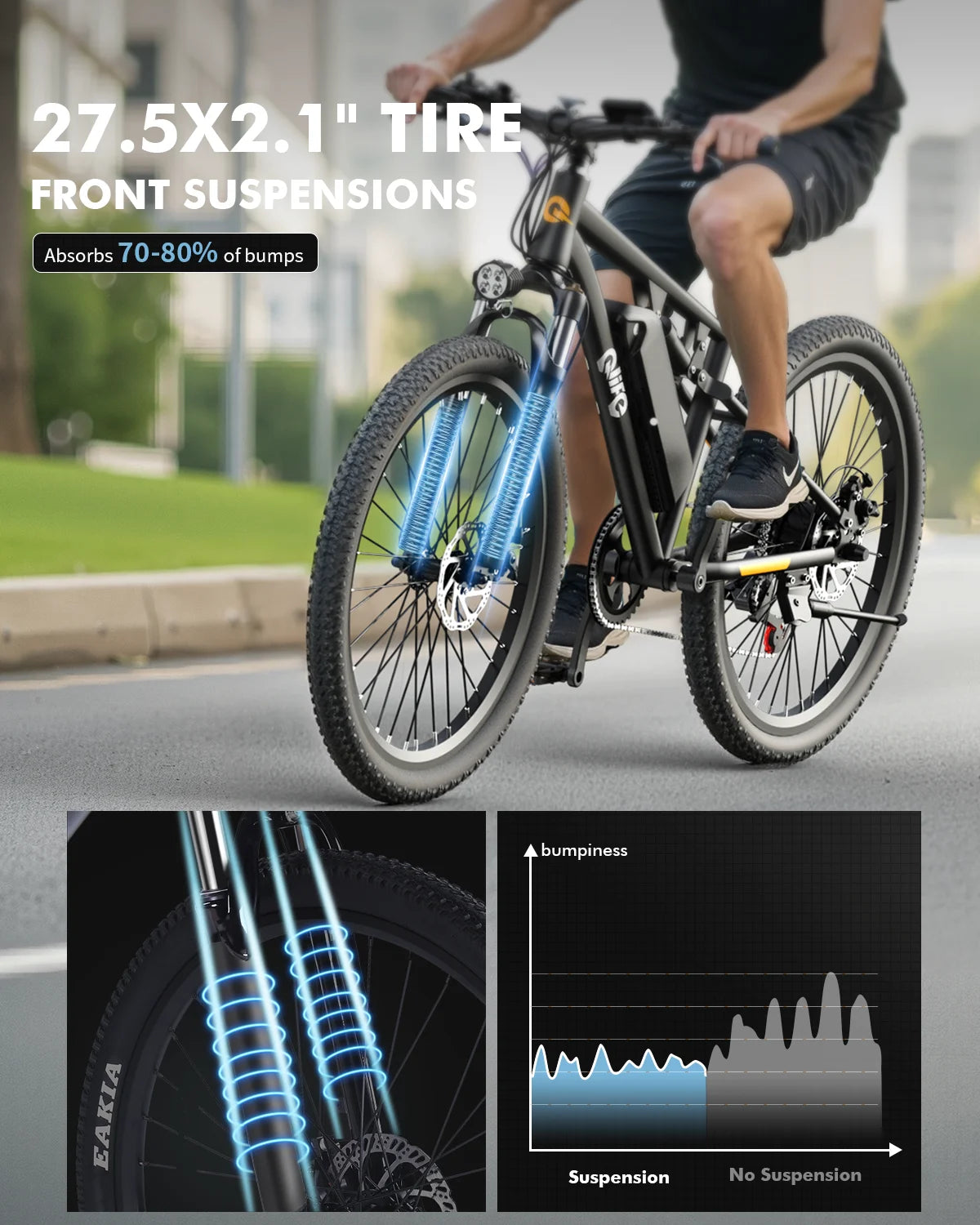 Qlife Racer Ultra Electric Bike for Adults, Peak 1200W 48V 10.4Ah,  27.5" Tire Electric Mountain Bike, 28MPH 55 Miles Off-road Electric Bicycle, 21-Speed E-Bicycle with Full Suspension