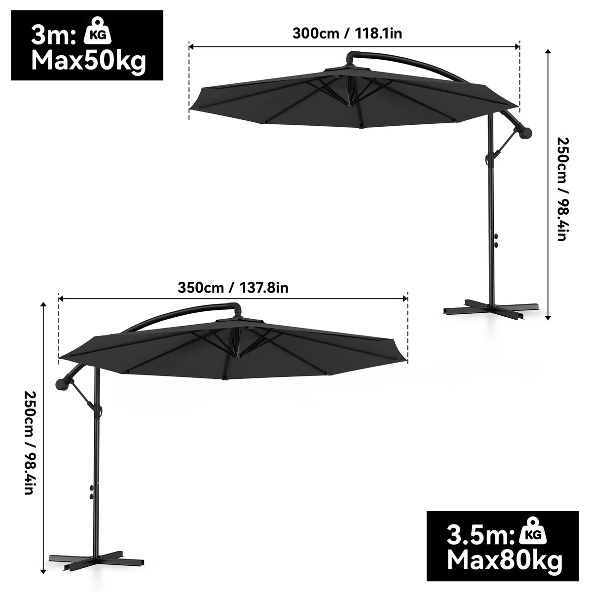 Ø300cm/Ø350cm Cantilever Parasol with Crank, Garden Parasol with Stable Cross Base, Outdoor Patio Umbrella UV-resistant & Sun Protection, Crank Parasol for Terrace Garden Pool