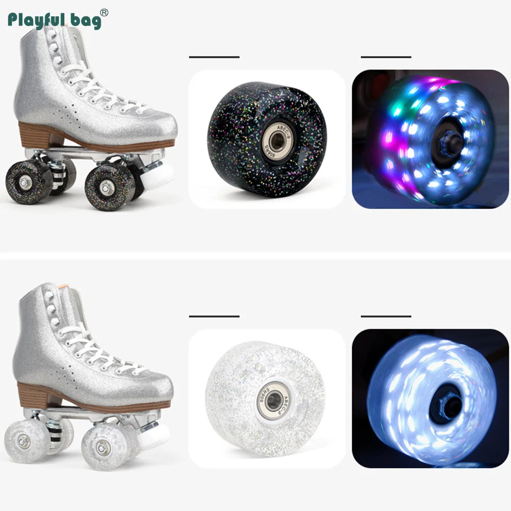6 Lights Color Snowflake Flash Wheels Double Row Skates & Skateboards Universal Sequins Glow Wheels 62x33MM AMB315