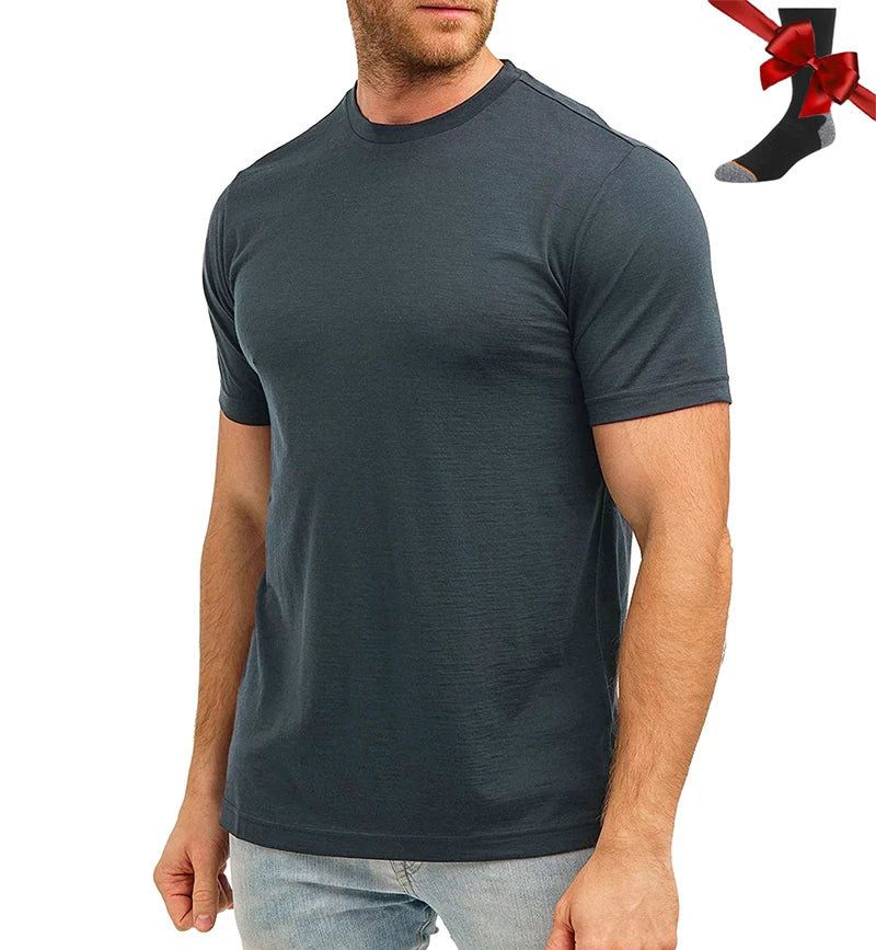 100% Superfine Merino Wool T Shirt Mens Base Layer Shirt Merino Wool Wicking Breathable Quick Dry Anti-Odor +Merino Wool Socks