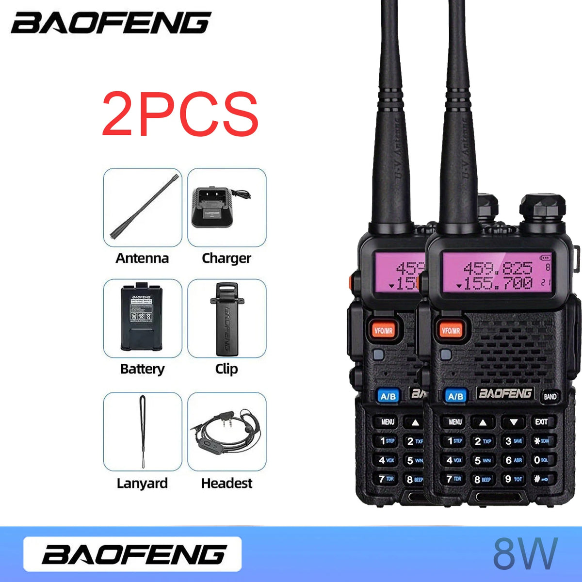 2pcs BAOFENG  5W 8W High Power Dual Band Two Way Radio Long Range Handheld Portable Walkies Talkies For Hunting