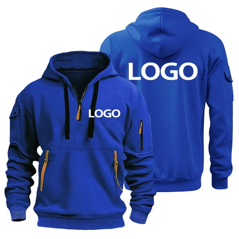 New European Men's Sports Sweater with Zipper and Arm Pockets, Customize Your Logo, Hooded Sweater Cover And