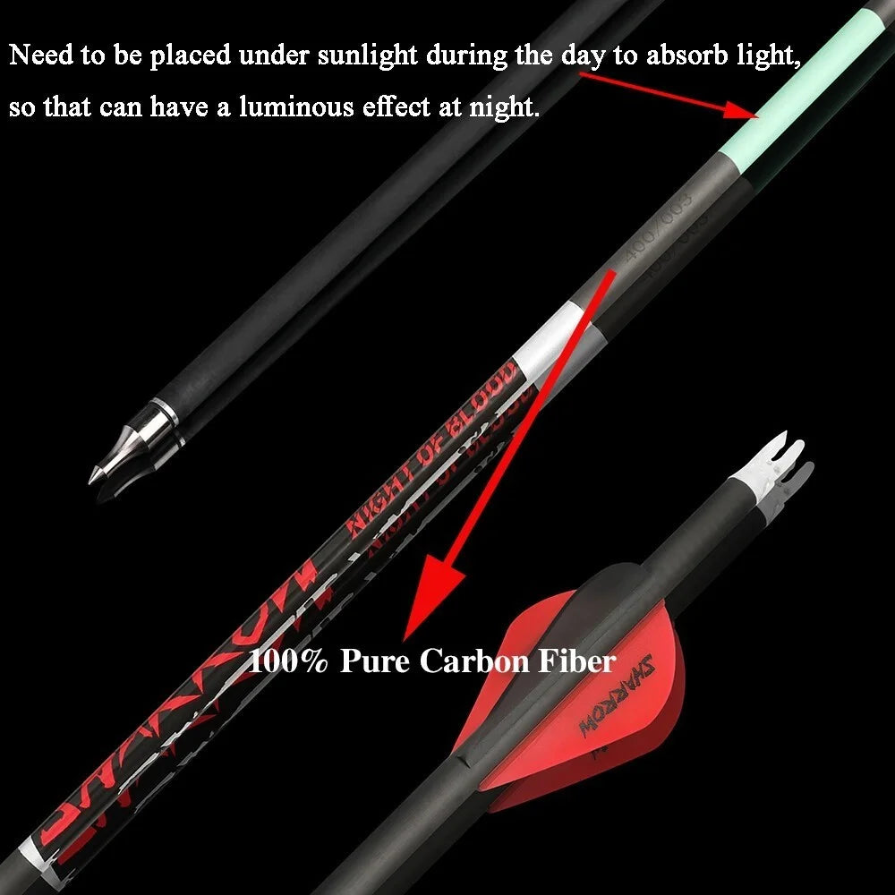 Pure Carbon Archery Arrows 12Pcs Multi Spine 300 400 500 Shaft ID 6.2mm Straightness +/-0.003 Inch High Precision Arrow Shafts Compatible with Compound Recurve Bow for Outdoor Hunting Target Practice Shooting Sports
