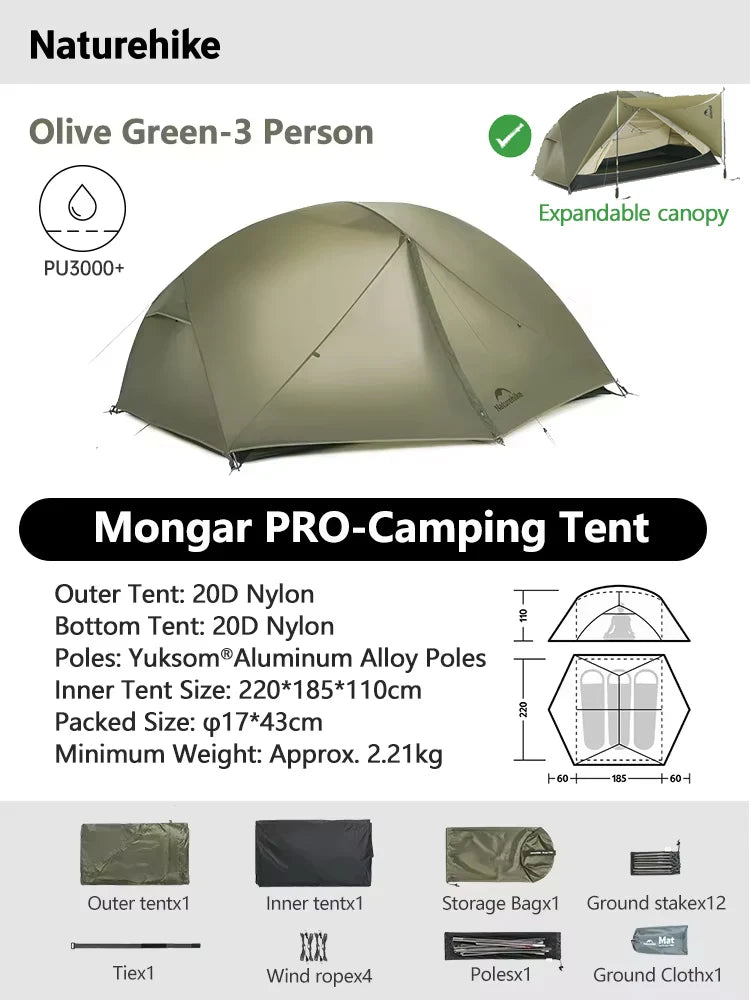 Naturehike Mongar 2 UL/PRO/Base Tent Camping 1-3 Person Tent Outdoor Travel 15D Waterproof Ultralight Backpacking Shelter Tent