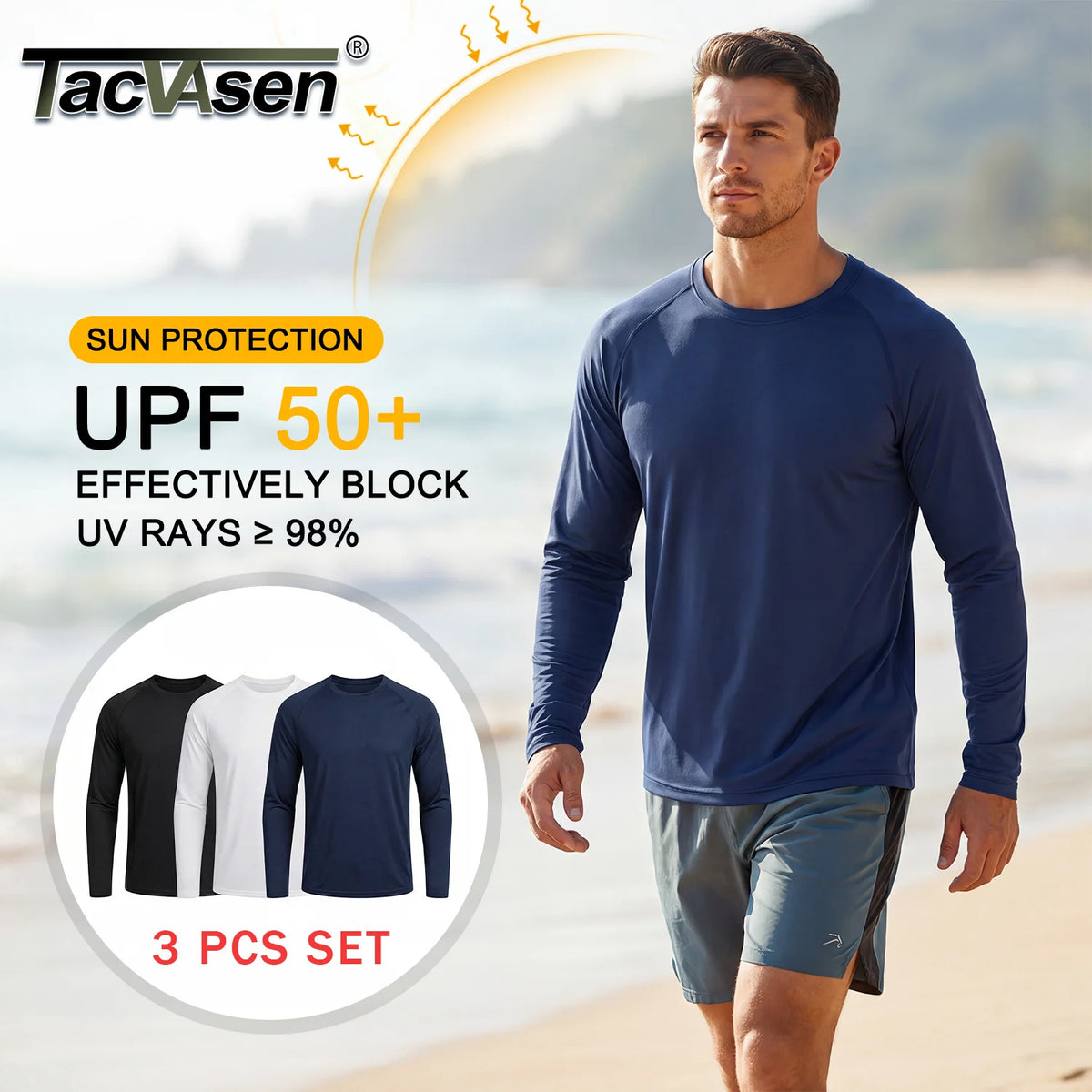 TACVASEN 3 Pcs Men's Long Sleeve Shirts UPF 50+ Sun Protection Dry Fit Shirt Lightweight Workout Athletic T-Shirt Rash Guard Tee