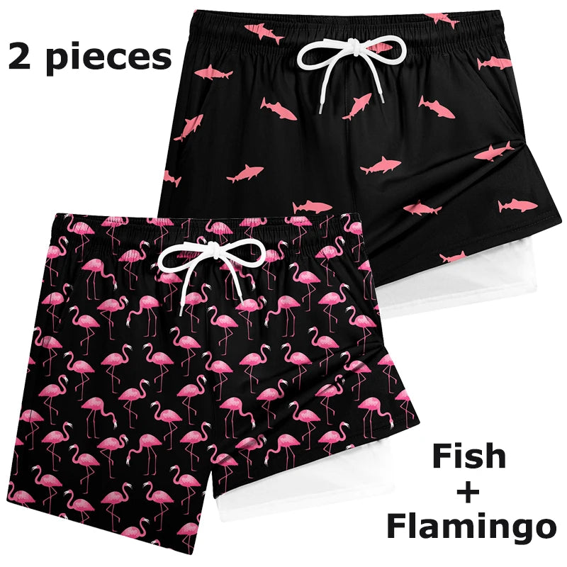 3D Print 2 in 1 Mens Swim Trunks Summer Quick Dry Beach Shorts with Phone Pocket Swimwear Swimsuit Bathing Suit  Board Shorts