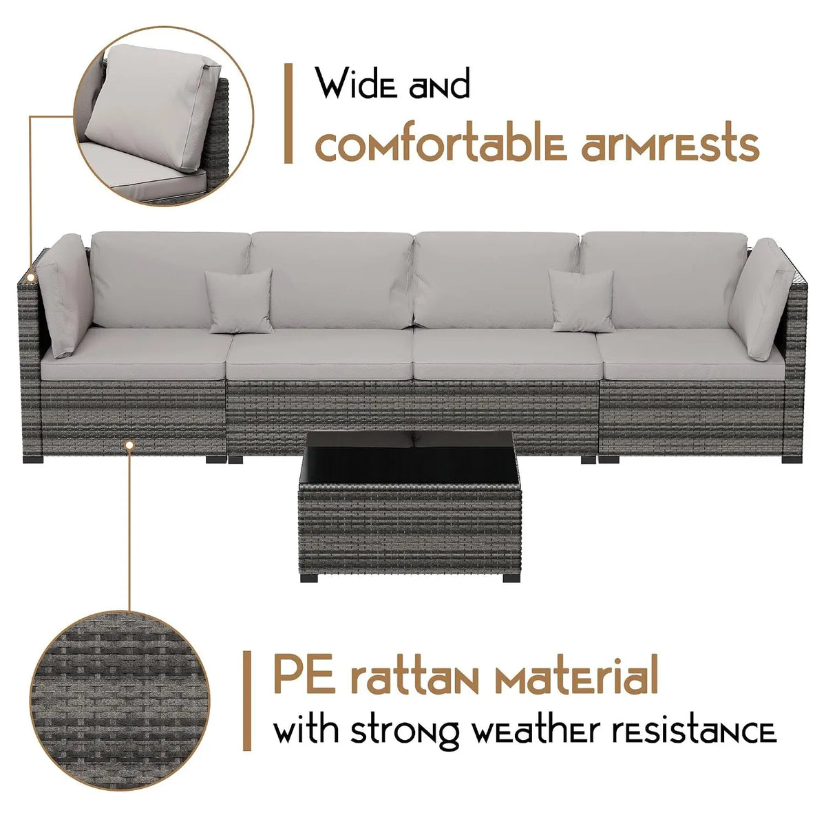 7 Pieces Outdoor Furniture Set, Wicker Furniture Patio Conversation Sets with Tea Table and Thickened Beige, Customized