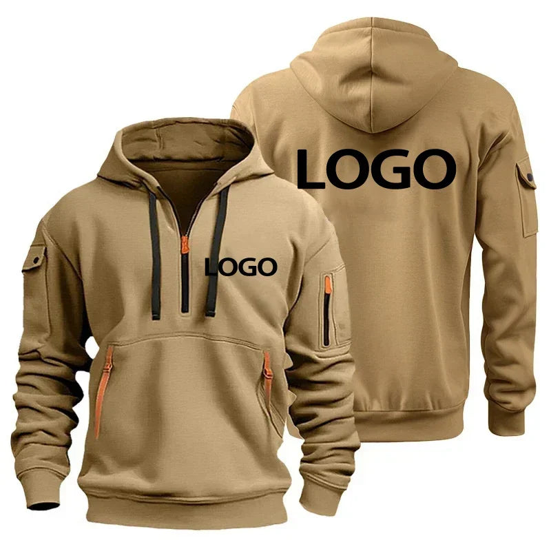 New European Men's Sports Sweater with Zipper and Arm Pockets, Customize Your Logo, Hooded Sweater Cover And
