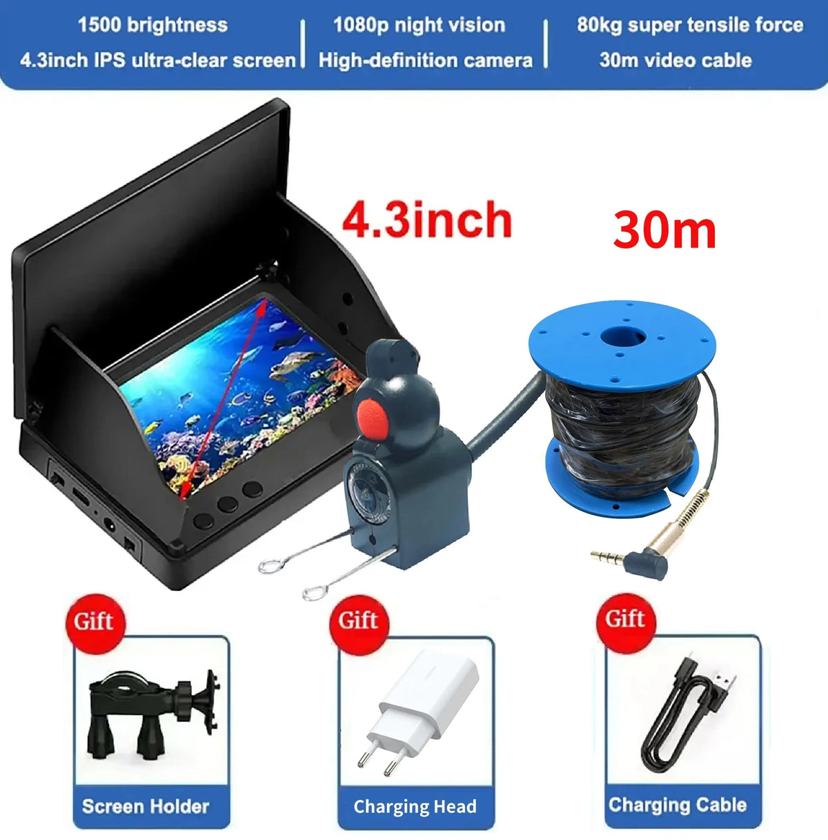 Portable Fish Depth Finder Water Handheld 1080P 4.3 Inch LCD Fish Finder Underwater 220° Fishing Camera With Night Vision
