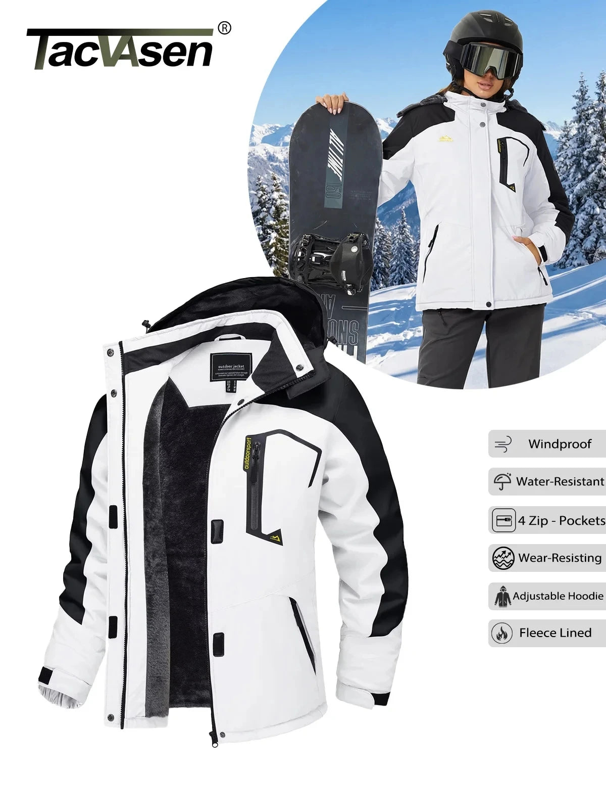 TACVASEN Winter Waterproof Ski Snowboard Jacket Womens Thermal Heavy Fleece Jackets Casual Work Rain Coat Windbreaker Parka