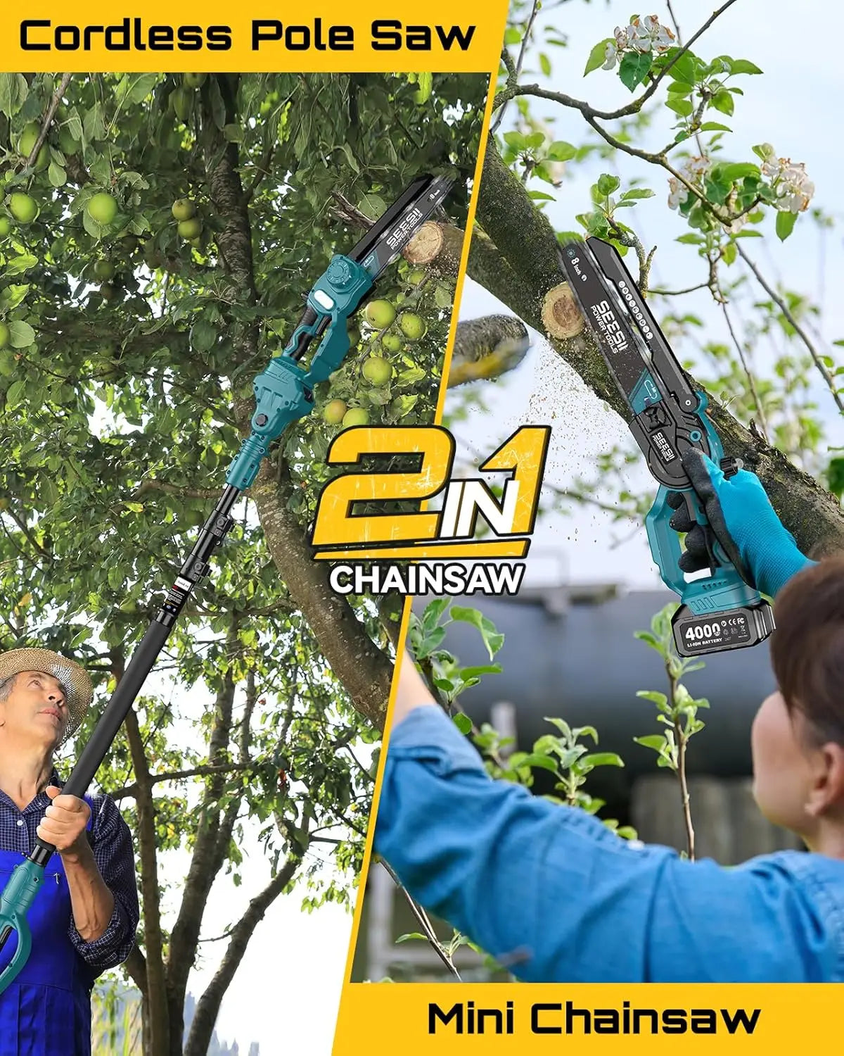 SEESII 8'' Brushless Polesaw Electric Chainsaw with 3M Extension Pole 2 in 1 High Branch Saw Cordless Chainsaw Tree Trimming Limb Cutter Pruner for Makita 18V Battery Pin