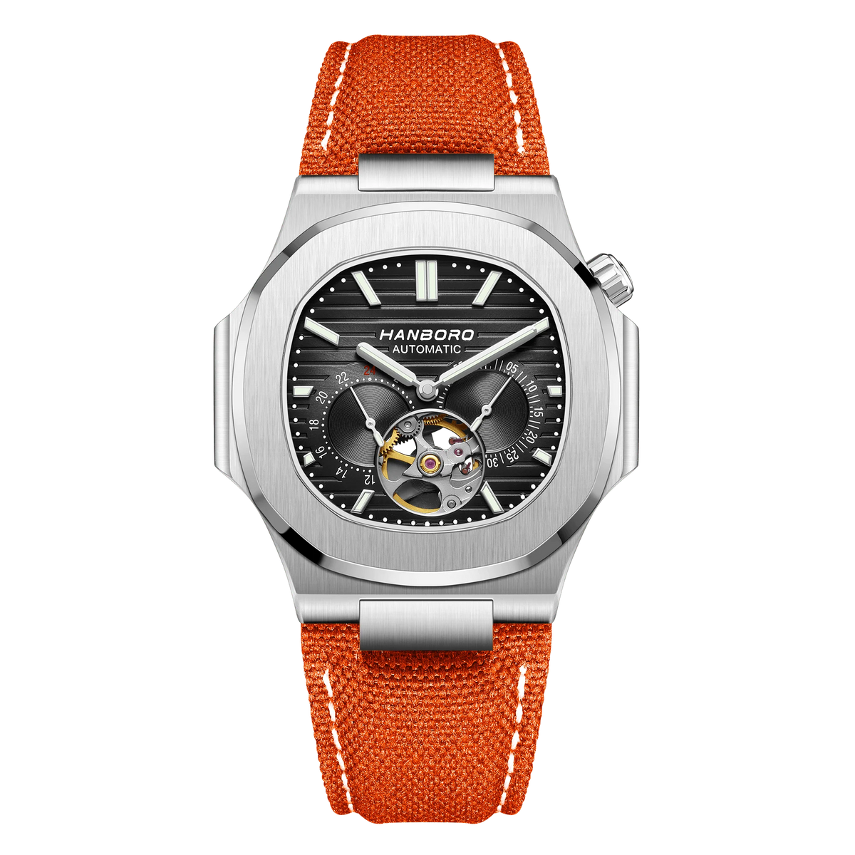 HANBORO Creative Crown Design Rose Gold Square Men's Brown Skull Mechanical Watch Canvas Strap Personalized Japanese Movement