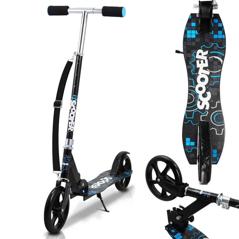 The scooter is height-adjustable and features ergonomic handlebars and a rear wheel friction brake.