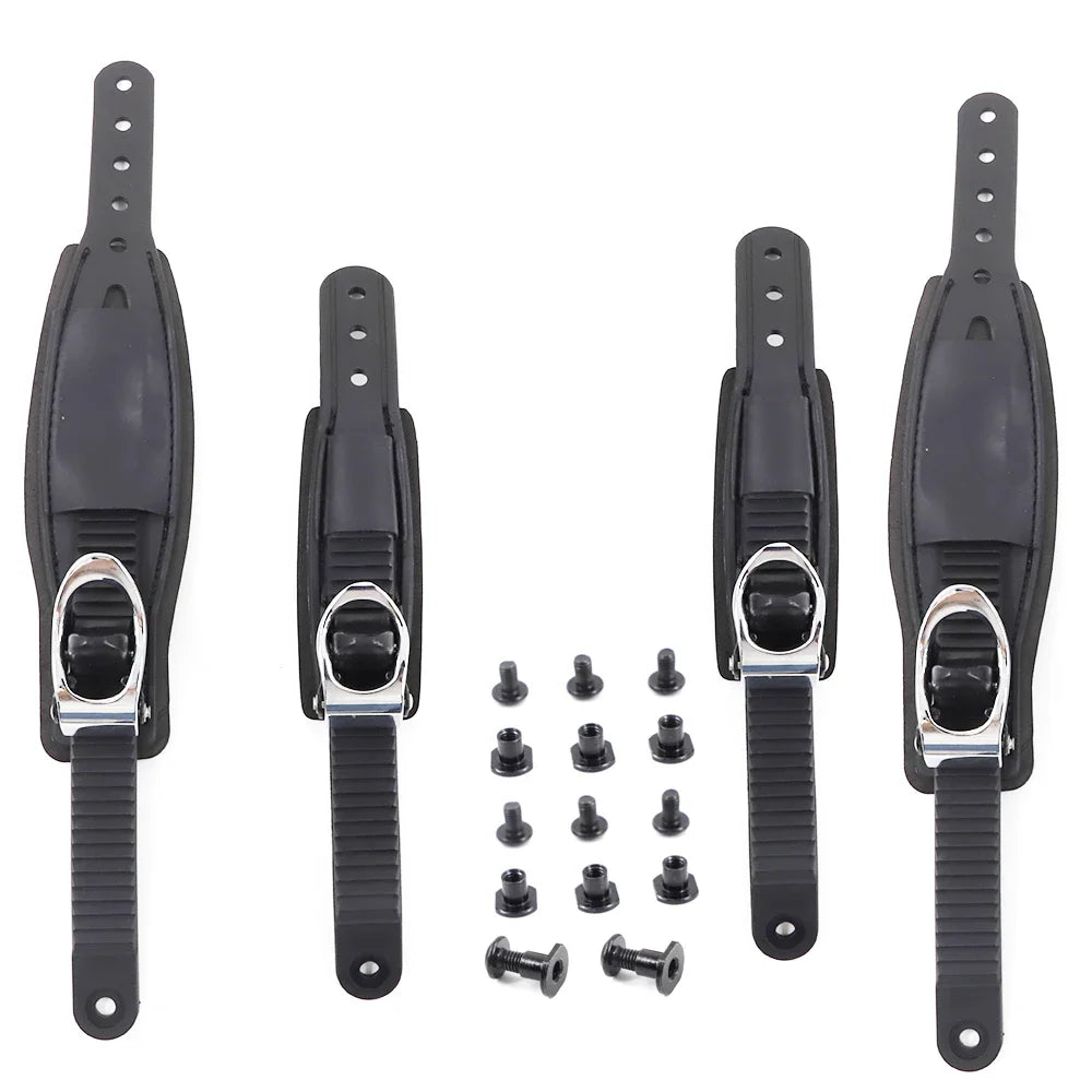Adjustable Ski Strap Binding Attachment for Multiple Occasions With Ratchet Tongue Ladder to Secure Shoelaces