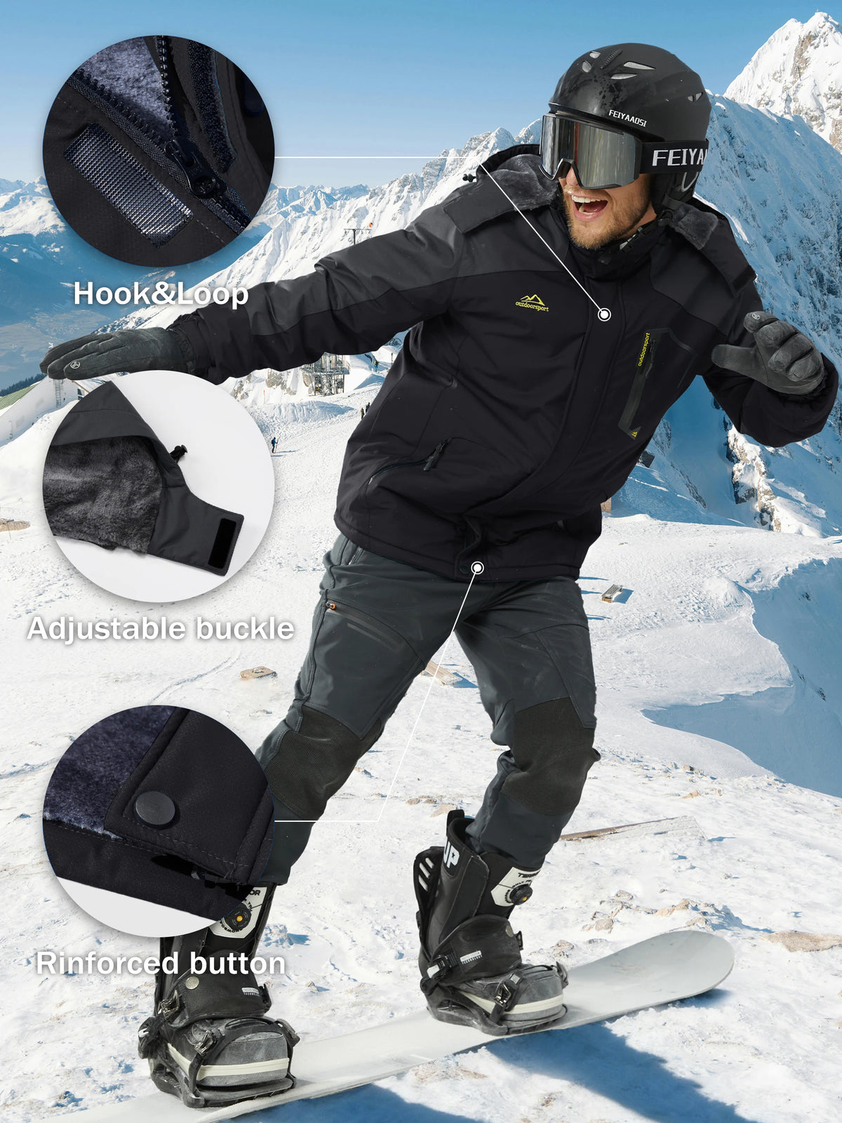 TACVASEN Men's Winter Ski Parka Jacket Waterproof Fleece Lined Insulated Thermal Snowboard Jacket Snow Coat with Detached Hood
