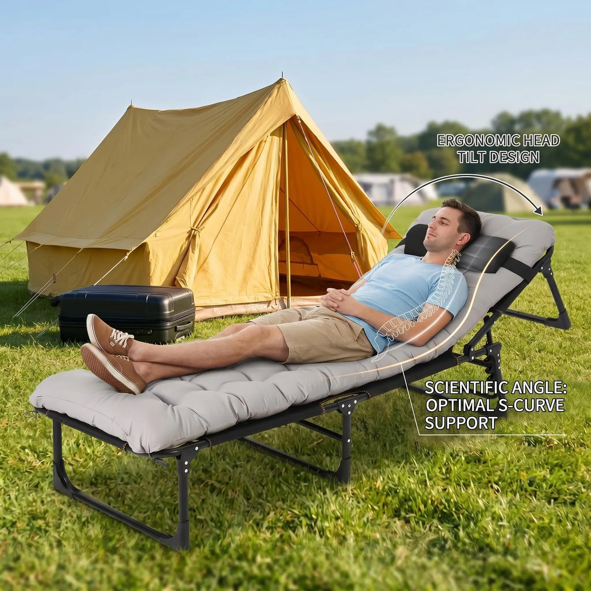 170-200CM Outdoor Lounge Chair Heavy-Duty Tri-Fold Camping Cot for Adults Wide Folding Camp Bed with Removable Mattress Pad Pillow & Carry Bag Double-Layer Oxford Fabric Gray 8-Leg Heavy Duty Furniture
