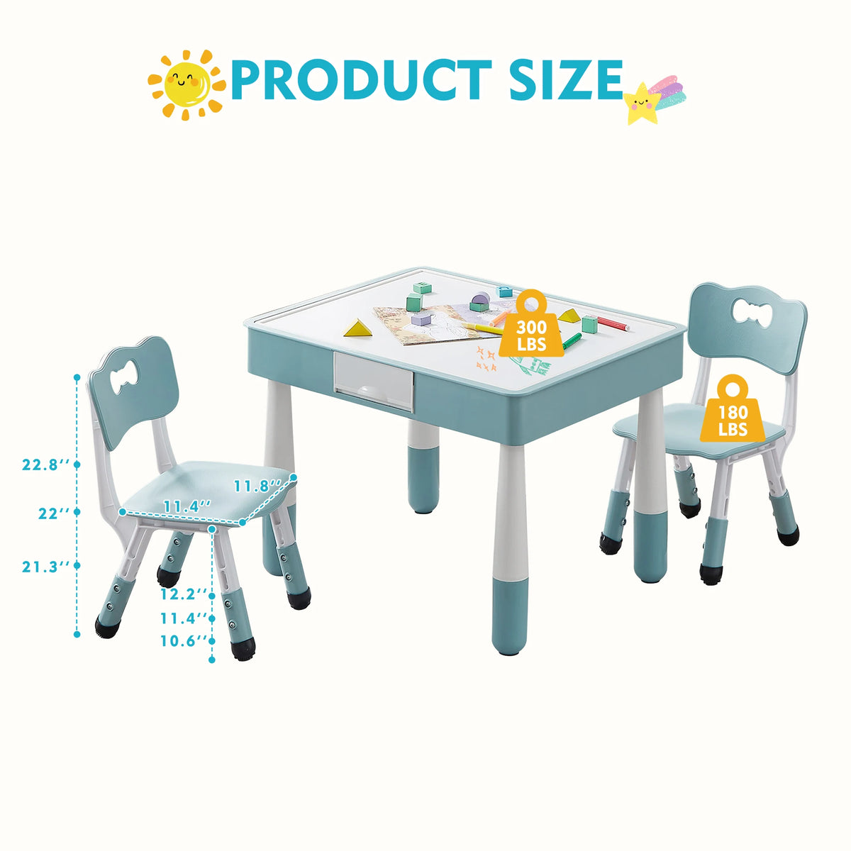 Kids 4 in 1 Table And 2 Chairs Set with Storage Toddler Desk And Chair Combo for Ages 3-10 Graffiti & Building Blocks Double-Sided Grayish Blue