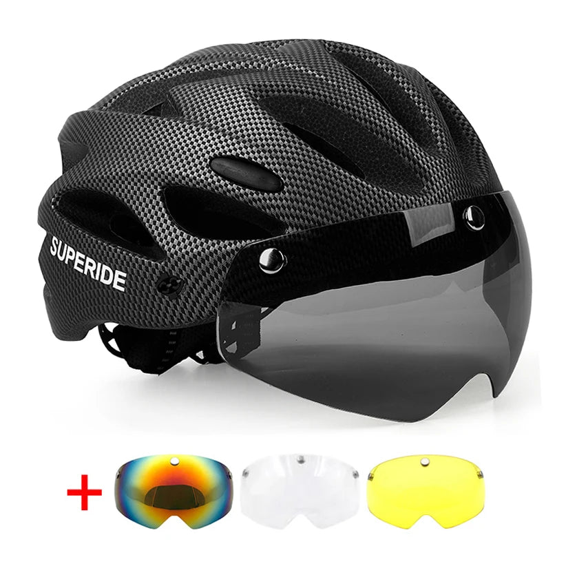 SUPERIDE Rechargeable Road Bike Helmet Men Women Cycling Helmet with Visor & Rearlight Sports MTB Bicycle Helmet with Goggles