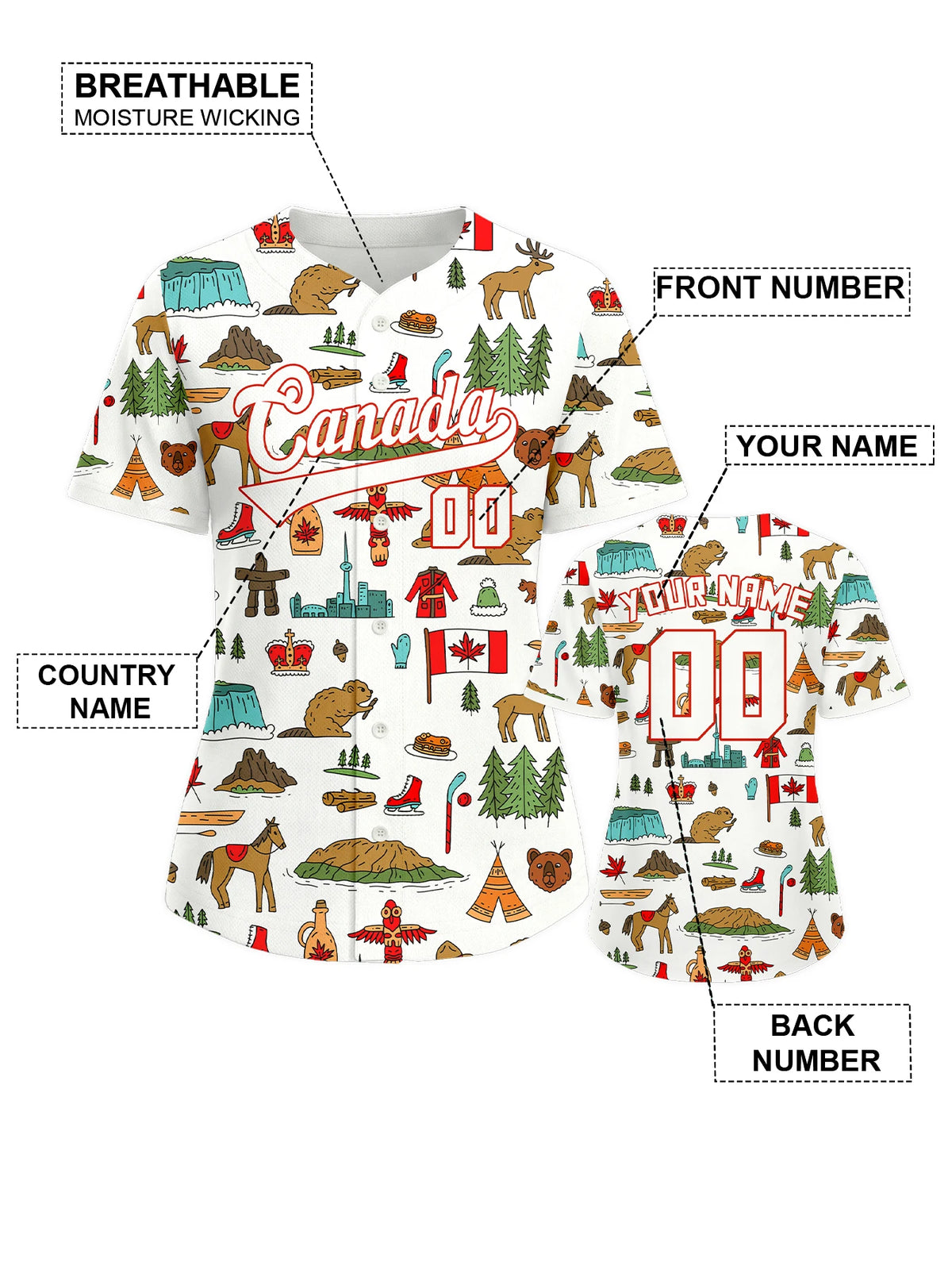 Personalized Canada Baseball Jersey Custom Name Number Flag Inspired Button Down Baseball Shirt Sportwear for Women