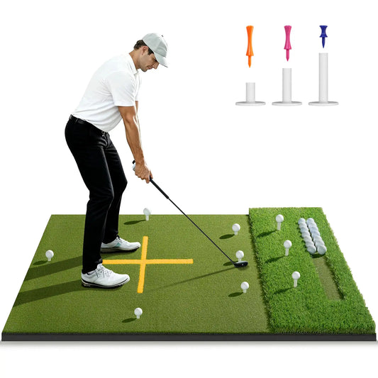 Dual-Turf Golf Mat with Ball Tray, Thickened Golf Hitting Mat with 9 Hitting Holes, Alignment Aid Practice Mat for Hitting, Driv