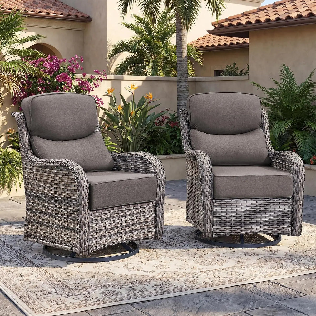 Outdoor Swivel Rocker Chairs - All Weather Resistant Wicker Patio Furniture Set of 2 with High Back and 6 inch Thick, Custom