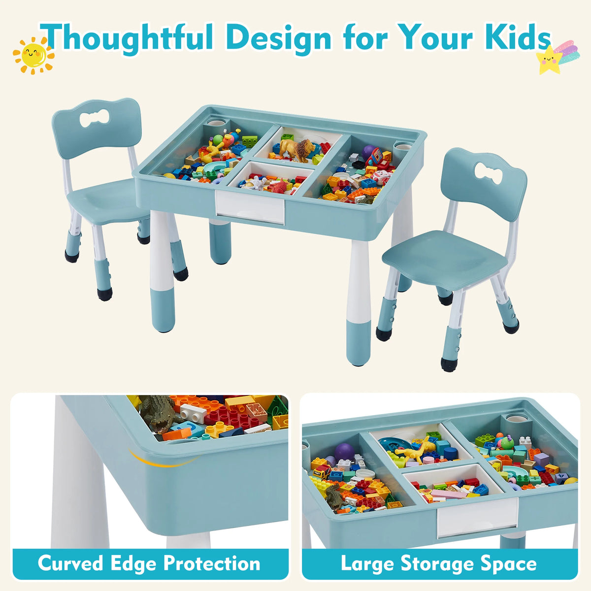 Kids 4 in 1 Table And 2 Chairs Set with Storage Toddler Desk And Chair Combo for Ages 3-10 Graffiti & Building Blocks Double-Sided Grayish Blue
