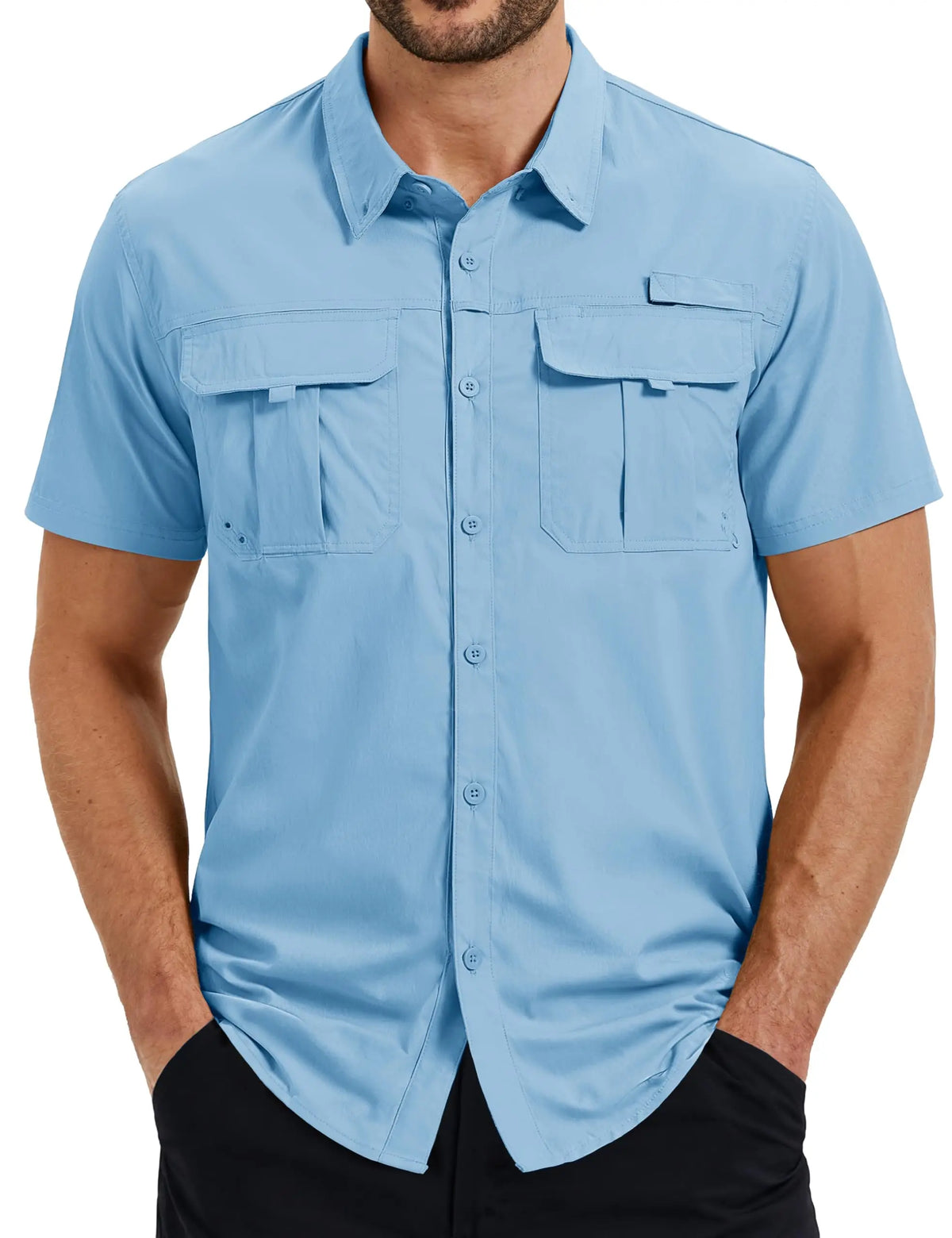 TACVASEN Men's UPF 50 Fishing Shirt Quick Dry Breathable Short Sleeve Tactical Shirt Button Down Sun Shirt for Work with Pockets