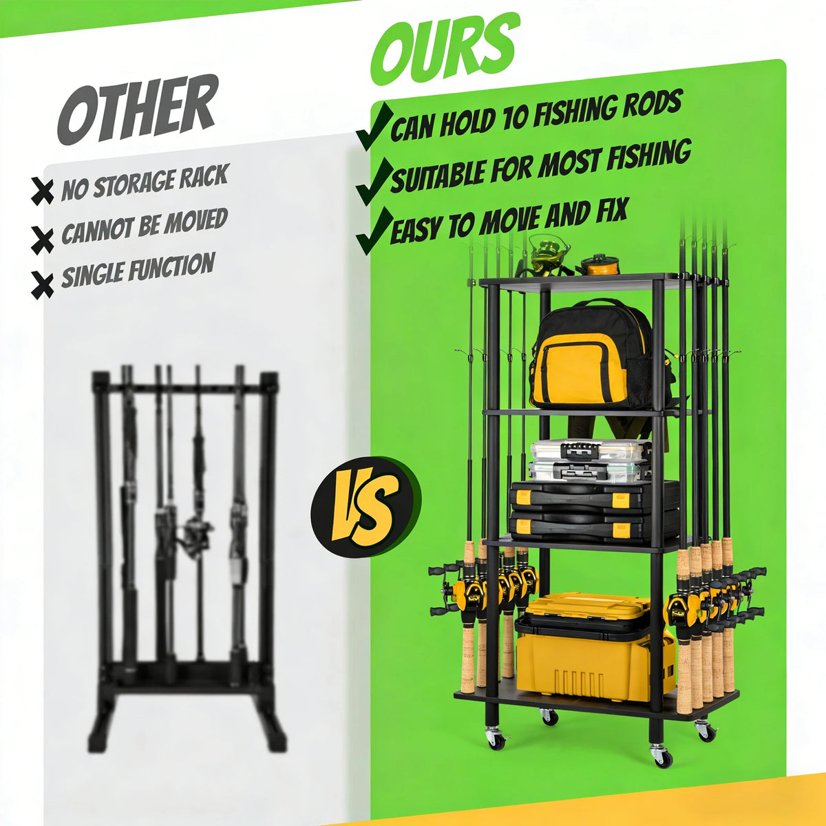 Iron Wood Combined Fishing Rod Storage Stand, Wheeled 10-Rod Fishing Pole Organizer Rack for Garage Tackle Storage