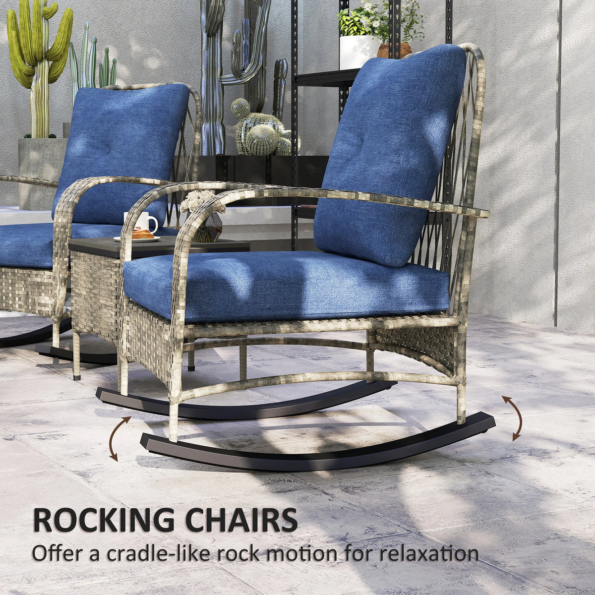 Patio Furniture Set, Rocking Chairs W/ Coffee Table, Cushion, Gray