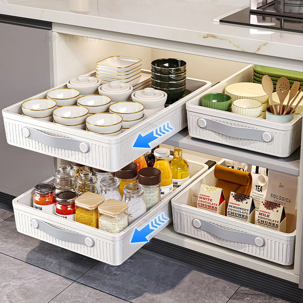 Pull Out Storage Tray Kitchen Sliding Cabinet Shelf with Slide Rails Drawer Spice Rack Bowl Dish Shelf Pantry Kitchen Organizer