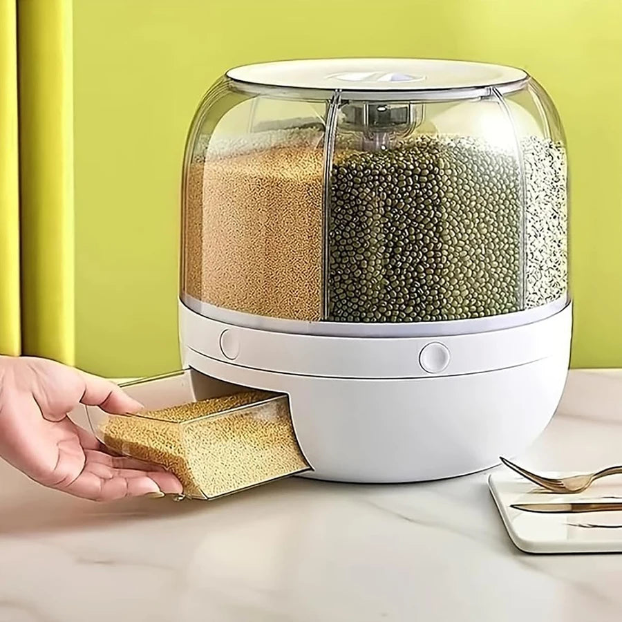 360° Rotating 6-Grid Food Dispenser - Airtight Kitchen Storage Container for Grains, Cereal & Dry Goods