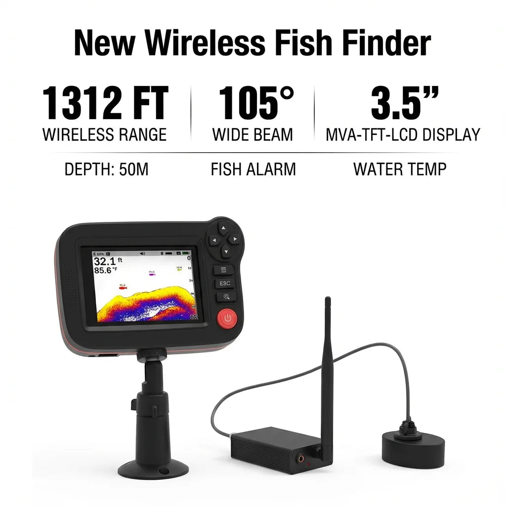 PUPOPAN New Wireless Fish Finder for Fishing Boats 1312 ft Range 105 Degree Wireless Operating Range Fishing Fish Finder