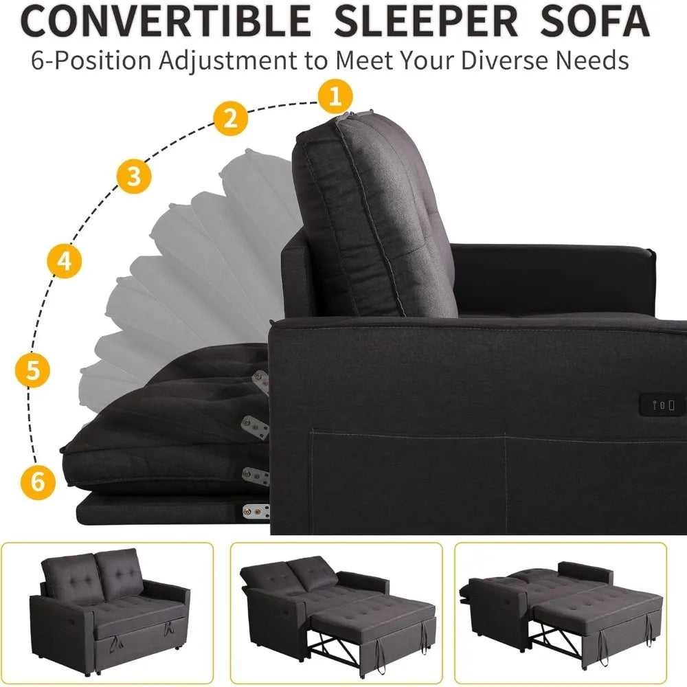 53" Convertible Sofa Bed USB Port & Storage Pockets, Reclining Backrest Small Spaces, Living Room