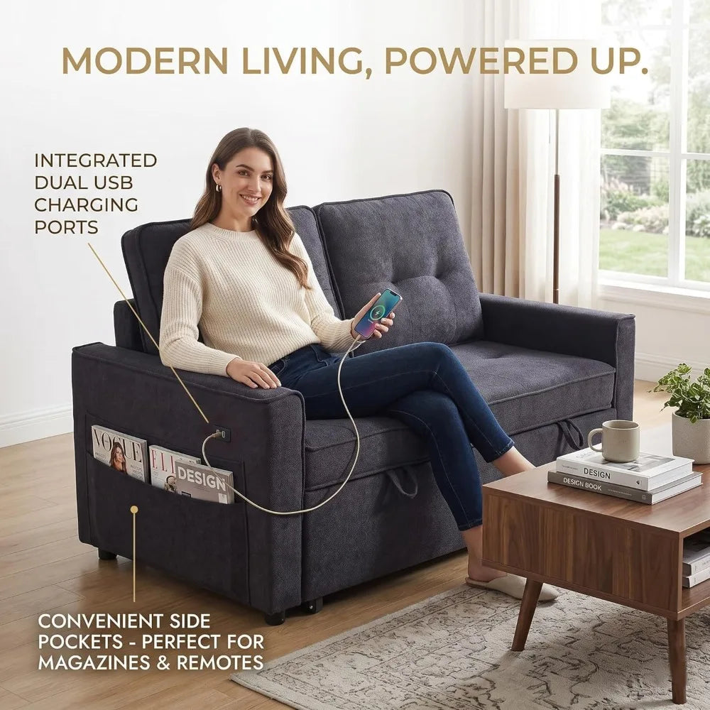 53" Convertible Sofa Bed USB Port & Storage Pockets, Reclining Backrest Small Spaces, Living Room