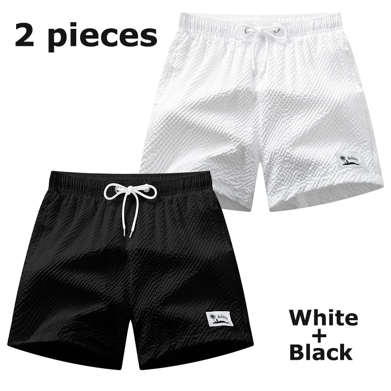 Men's Seersucker Beach Shorts with Mesh Liner Summer Casual Board Shorts with Pockets Quick Dry Swimwear Swimsuit Swim Trunks