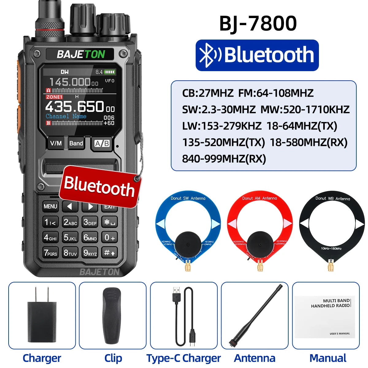 BAJETON BJ-7800 Walkie Talkie NOAA SW MW LW AM SSB CB 10W Receive Wireless Bluetooth Phone Programming for RT-920 Two Way Radio