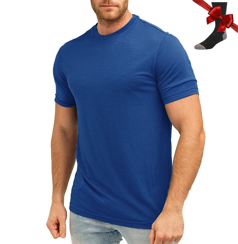 100% Superfine Merino Wool T Shirt Mens Base Layer Shirt Merino Wool Wicking Breathable Quick Dry Anti-Odor +Merino Wool Socks