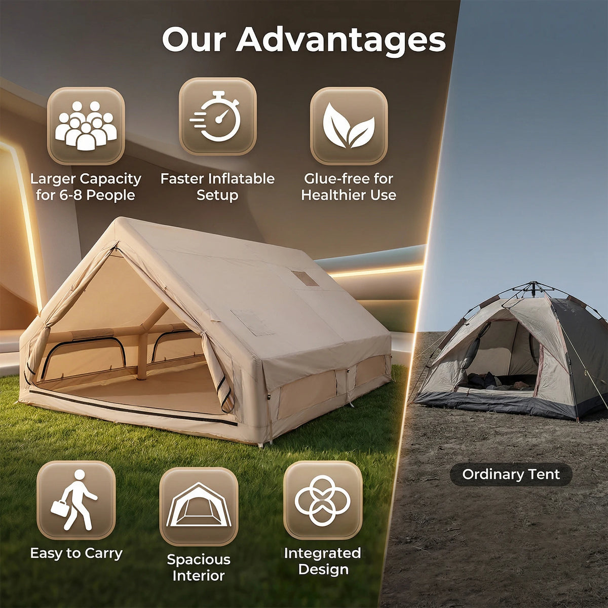 Podofo 12㎡ Instant Inflatable Camping Tent Air Tent Large Outdoor Shelter 210D Oxford Weatherproof Fabric with Skylight Dual AB Doors Family Camping Tent for Family Camping, Beach & Mountain, Outdoor Adventure