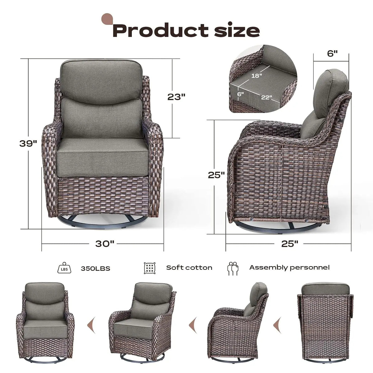 Outdoor Swivel Rocker Chairs - All Weather Resistant Wicker Patio Furniture Set of 2 with High Back and 6 inch Thick, Custom