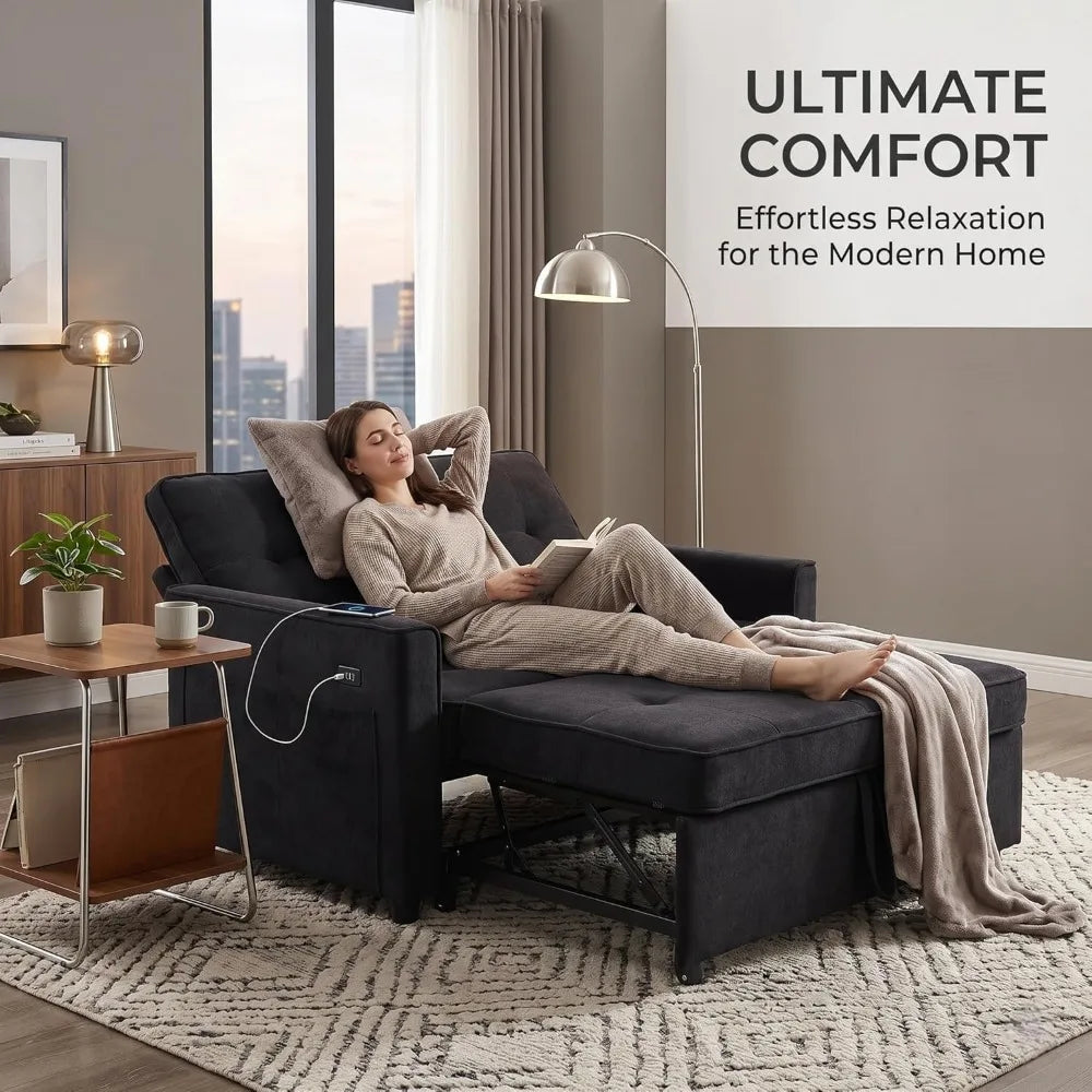 53" Convertible Sofa Bed USB Port & Storage Pockets, Reclining Backrest Small Spaces, Living Room