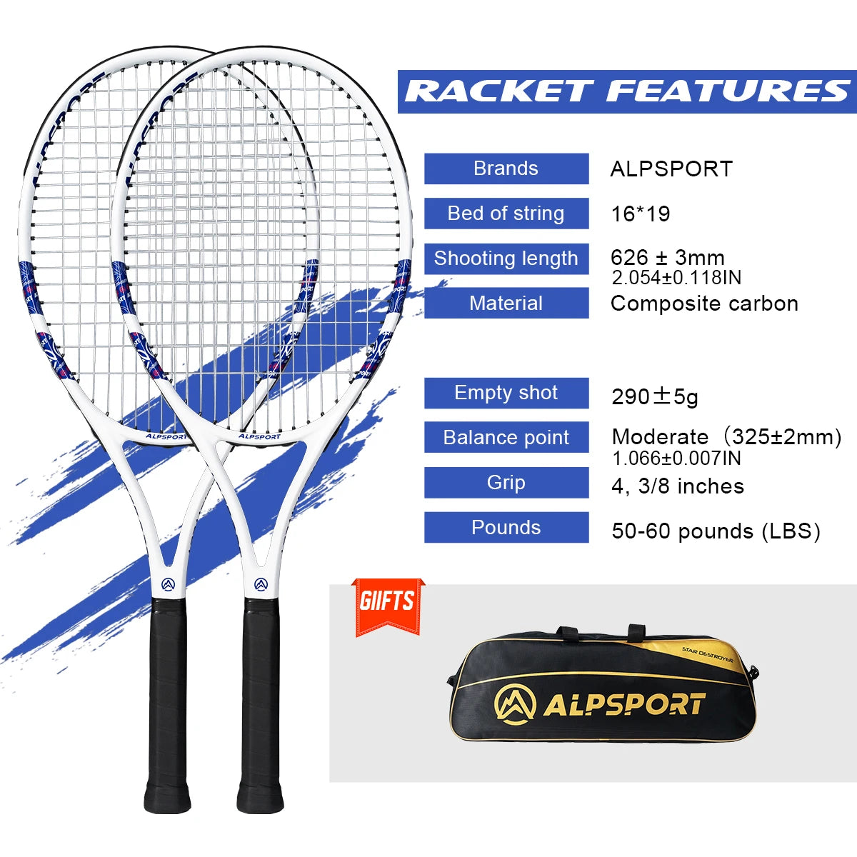 ALPSPORT Carbon Fiber Tennis Racket T800 18K-Professional Grade with Bag&Strap Lightweight Training Racquet for Adults Men&Women