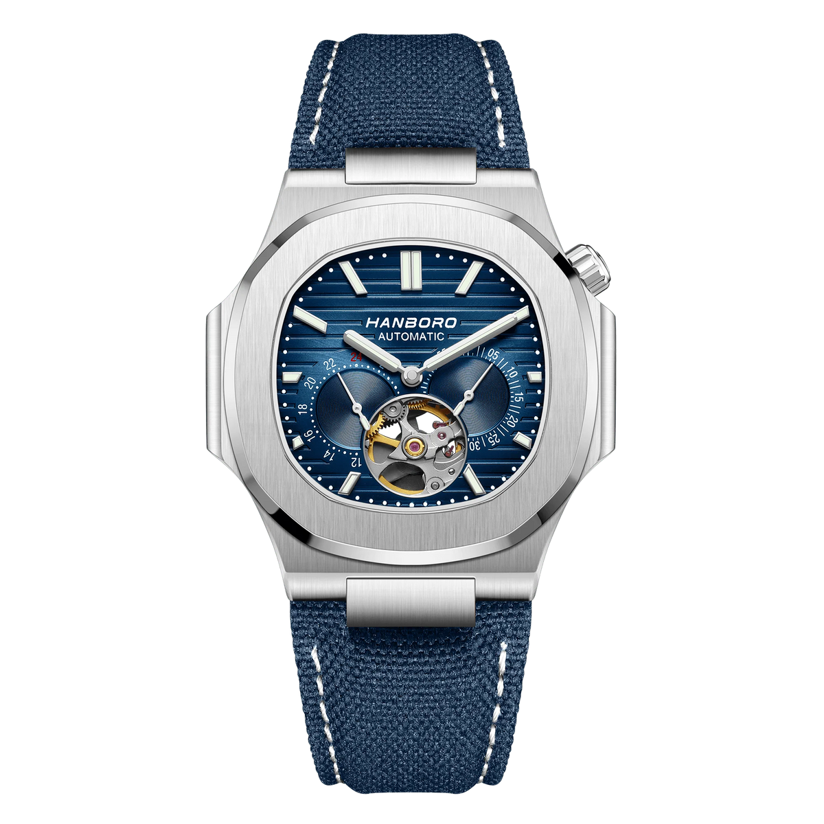 HANBORO Creative Crown Design Rose Gold Square Men's Brown Skull Mechanical Watch Canvas Strap Personalized Japanese Movement