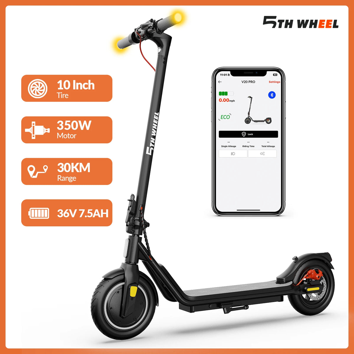 5TH WHEEL Electric Scooter, 350W Motor, 30km Range, 10*2.125" Solid Tires, Dual Brake, 25km/h, 36V 7.5AH, Foldable Commuter E-Scooter