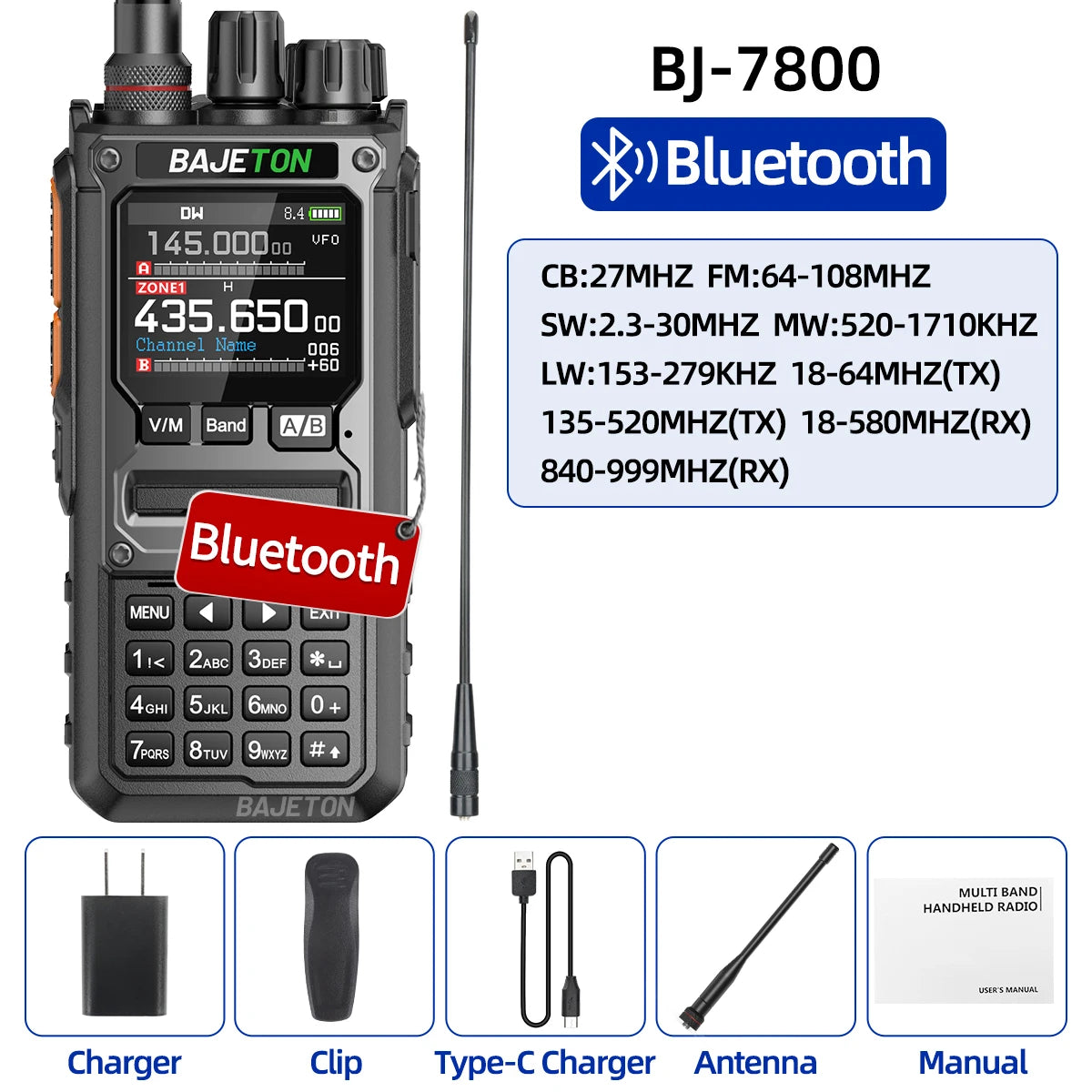 BAJETON BJ-7800 Walkie Talkie NOAA SW MW LW AM SSB CB 10W Receive Wireless Bluetooth Phone Programming for RT-920 Two Way Radio