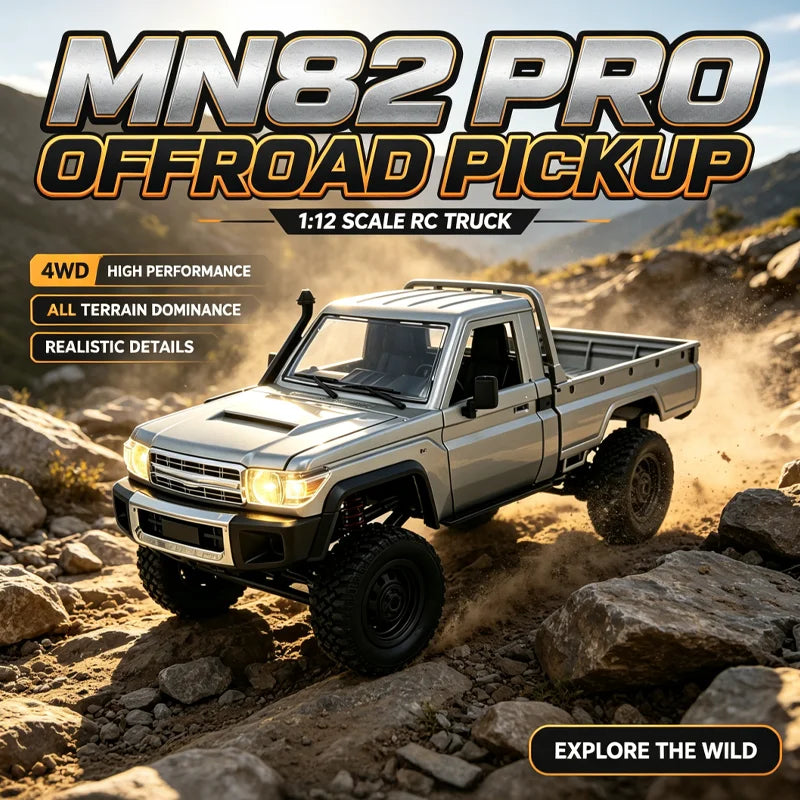 MN82 Upgraded PRO Off-Road 4WD Pickup Truck 1:12 Scale RC Car with Headlights 2.4G Remote Control Toy Gift for Kids Outdoor Play