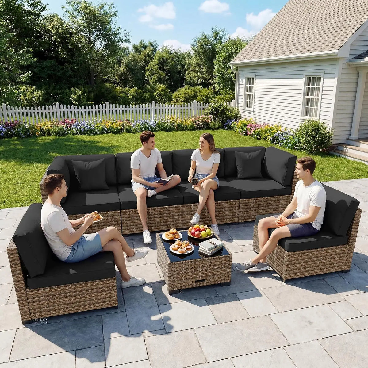 7 Pieces Outdoor Furniture Set, Wicker Furniture Patio Conversation Sets with Tea Table and Thickened Beige, Customized