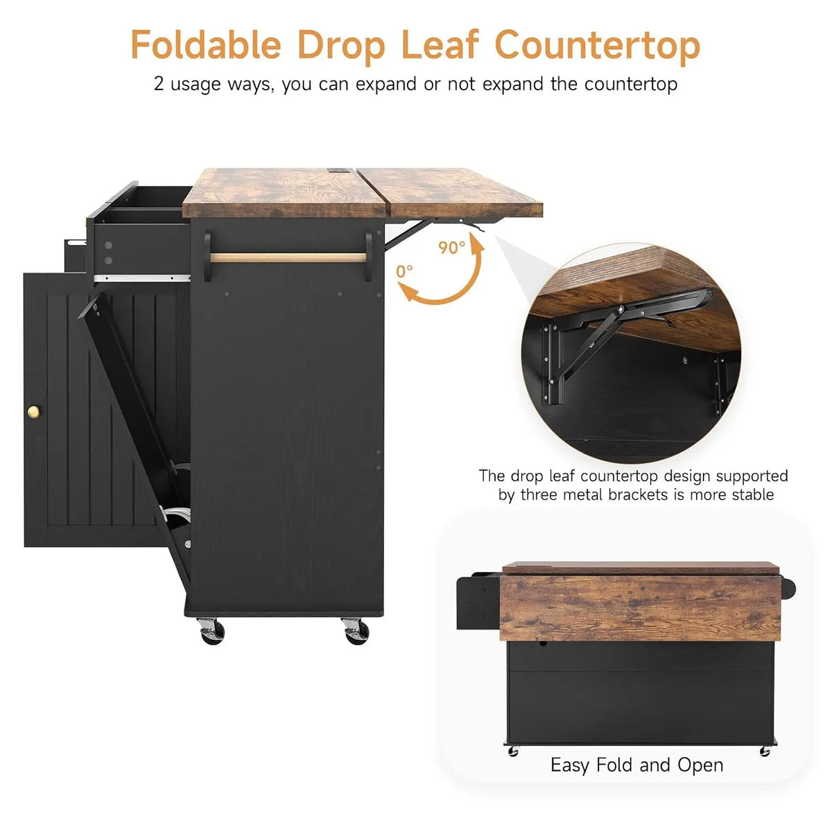 60" Kitchen Island with Trash Can Storage, Black+Rustic Brown | Kitchen Island Cart with Power Outlet & Drop Leaf, Customized