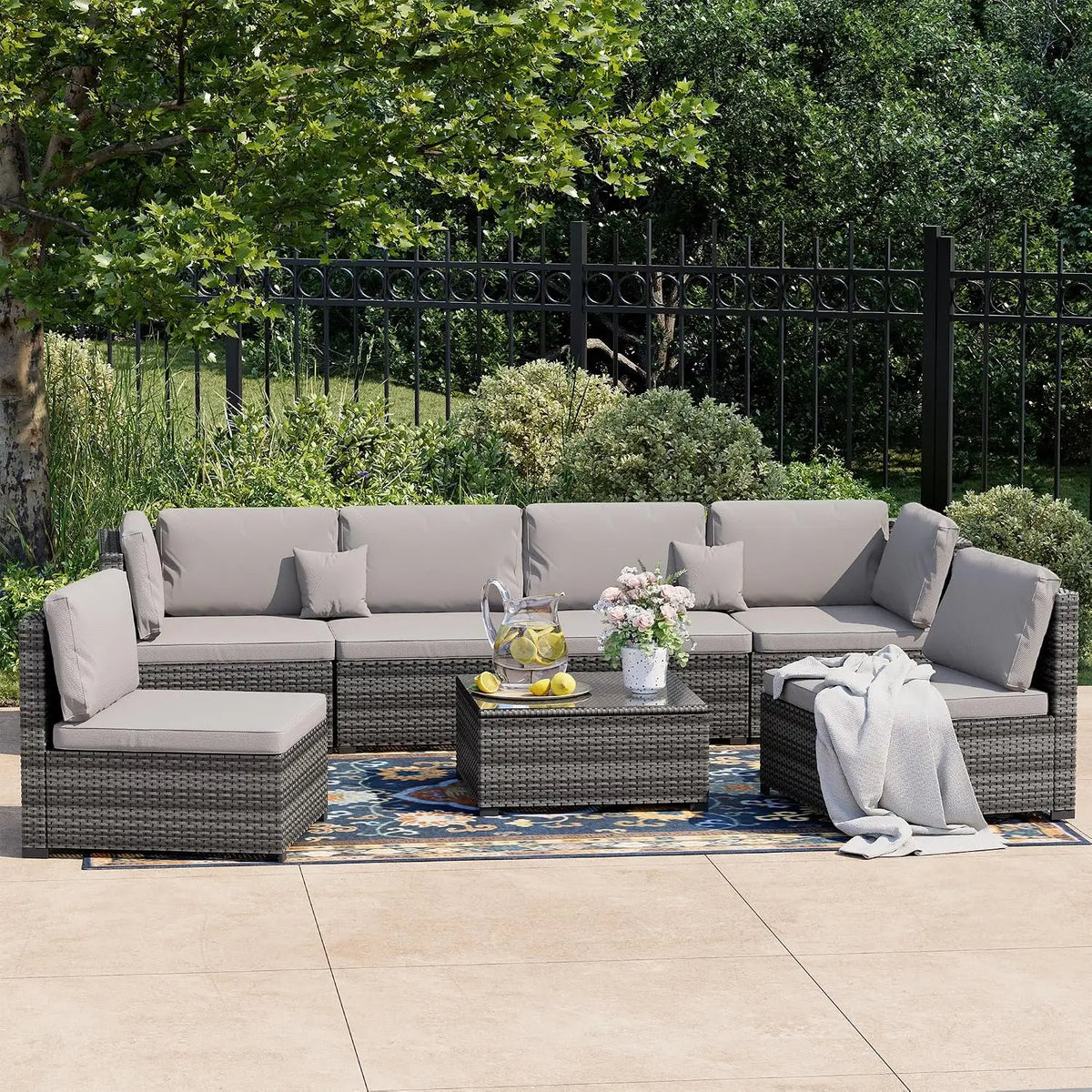 7 Pieces Outdoor Furniture Set, Wicker Furniture Patio Conversation Sets with Tea Table and Thickened Beige, Customized
